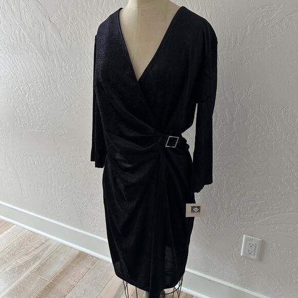 ANNE KLEIN | Long Sleeve Faux Wrap Dress Women's NEW Size 12 Black Shimmer Disco - Picture 1 of 13